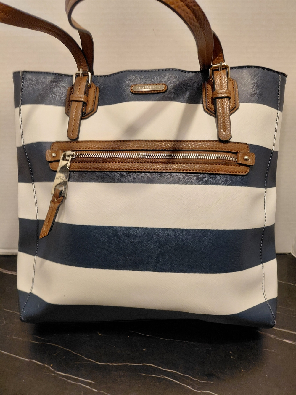 Dana Buchman Navy and White Striped Tote with Brown Trim